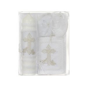 Unisex Weißes Kreuz Stickerei Spanische Version Taufe Kerze Set