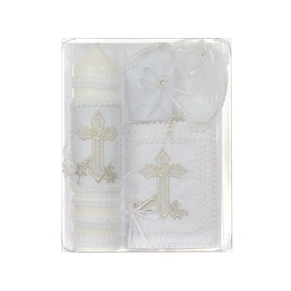 Unisex Weißes Kreuz Stickerei Spanische Version Taufe Kerze Set