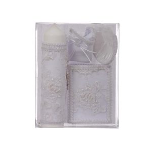 Unisex weiße Blume Perlen Stickerei spanische Taufe Kerze Set