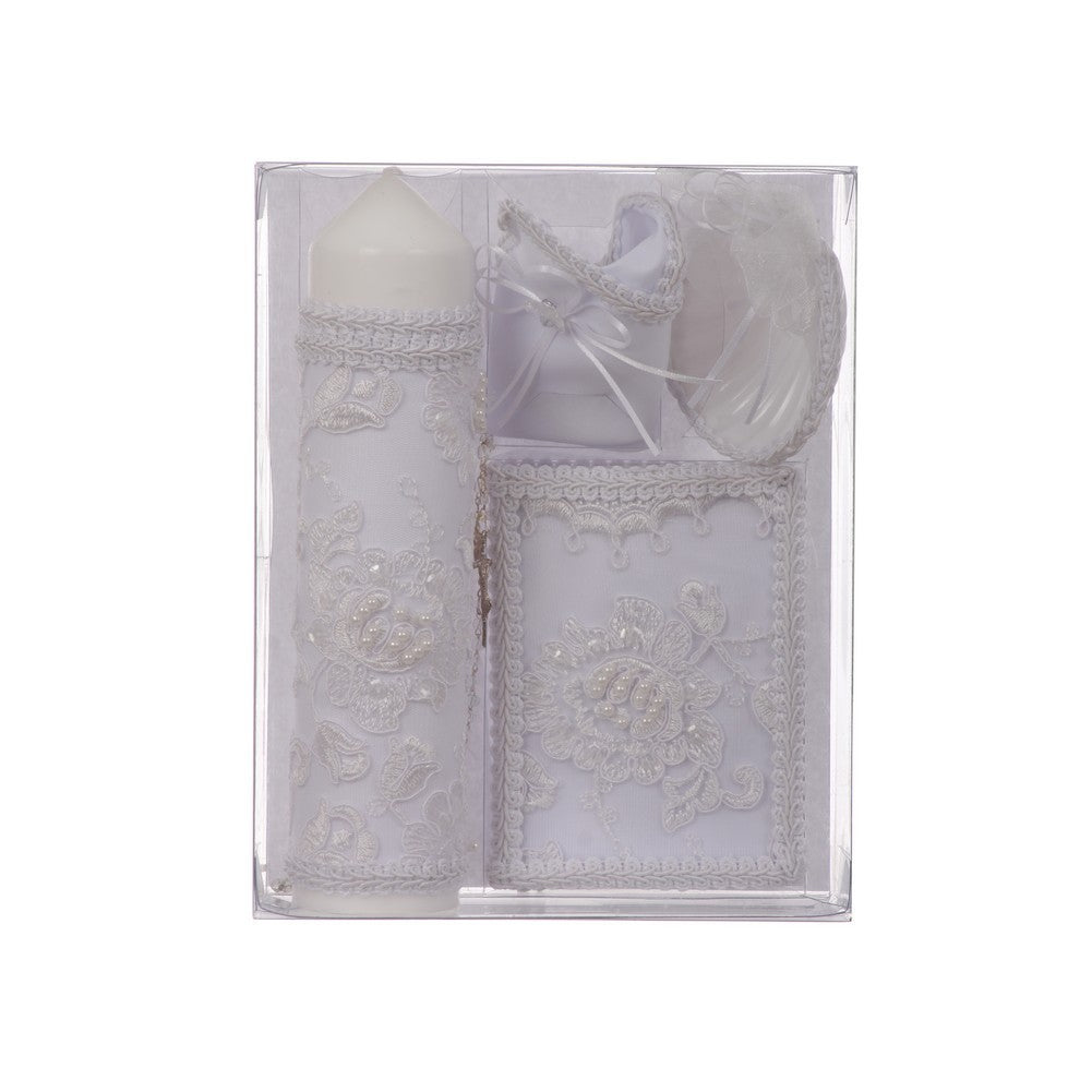 Unisex weiße Blume Perlen Stickerei spanische Taufe Kerze Set