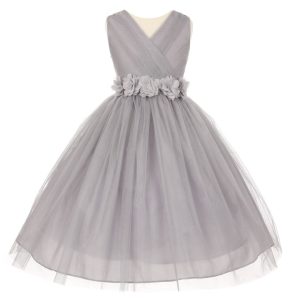 Brautjungfernkleid für große Mädchen aus silbernem Chiffon mit Blumen, glänzendem Tüll, Größe 8–14