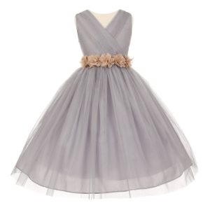 Junior-Brautjungfernkleid für große Mädchen, Silber, Champagner, Chiffon, Blumen, Tüll, Größe 8–14