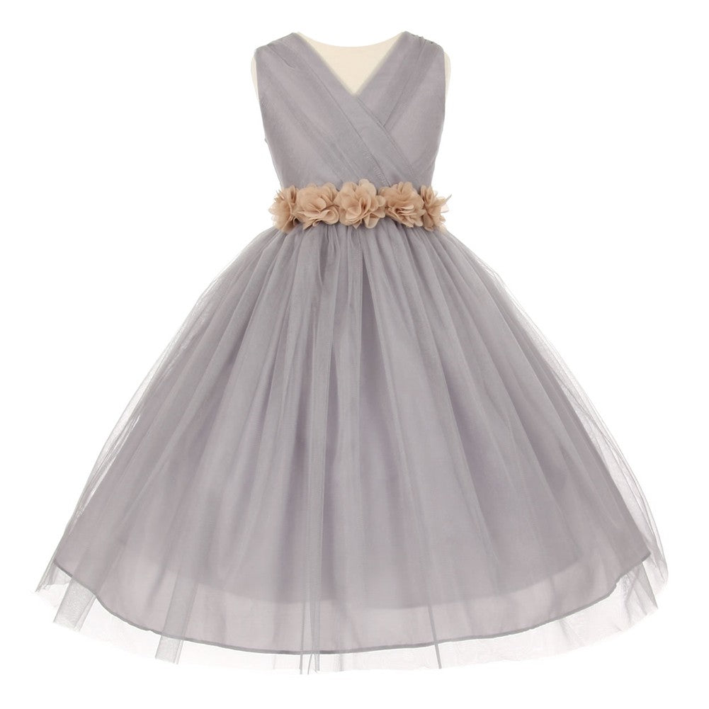 Große Mädchen Silber Champagner Chiffon Blumen Tüll Junior Brautjungfernkleid 8-14