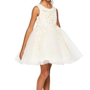 Blumenmädchenkleid für große Mädchen, Champagner, 3D-Blumenapplikationen, weicher Tüll, 8–12