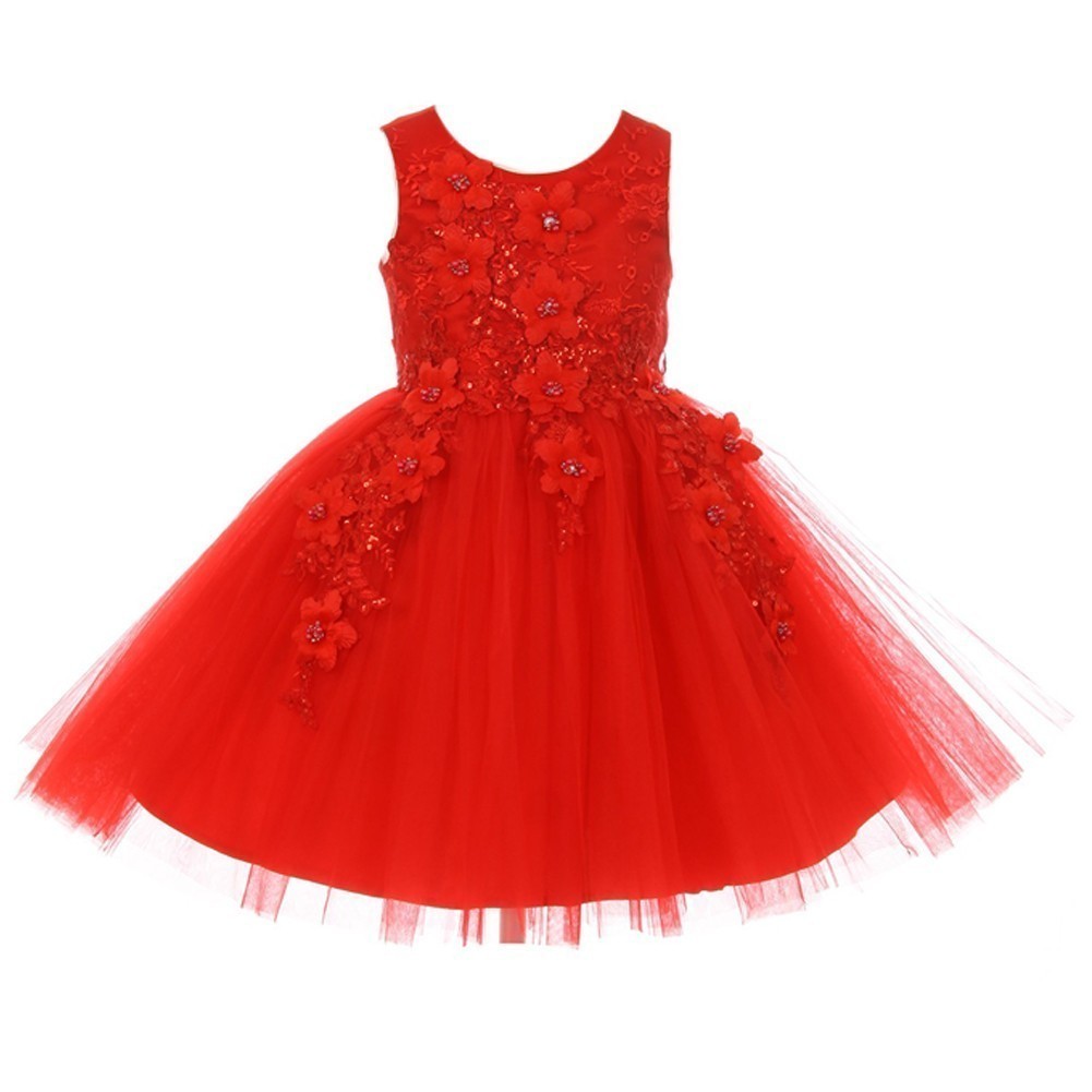 Kleine Mädchen Rot 3D mit Blumenmuster Appliques Weiche Tüll Blumenmädchen Kleid 2-6