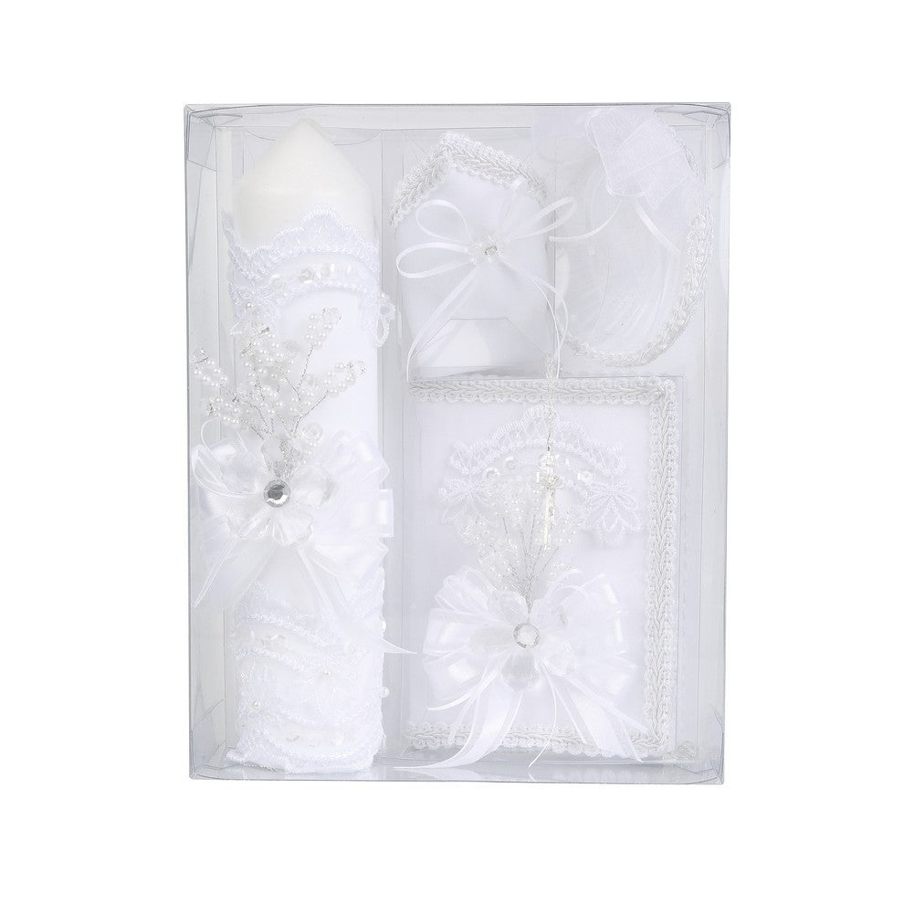 Unisex Weiß Blumenband Applique Spanische Taufe Kerze Set