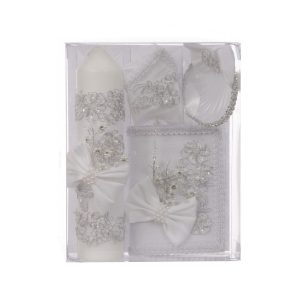 Unisex weiße Schleife Blume Applique spanische Version Taufe Kerze Set