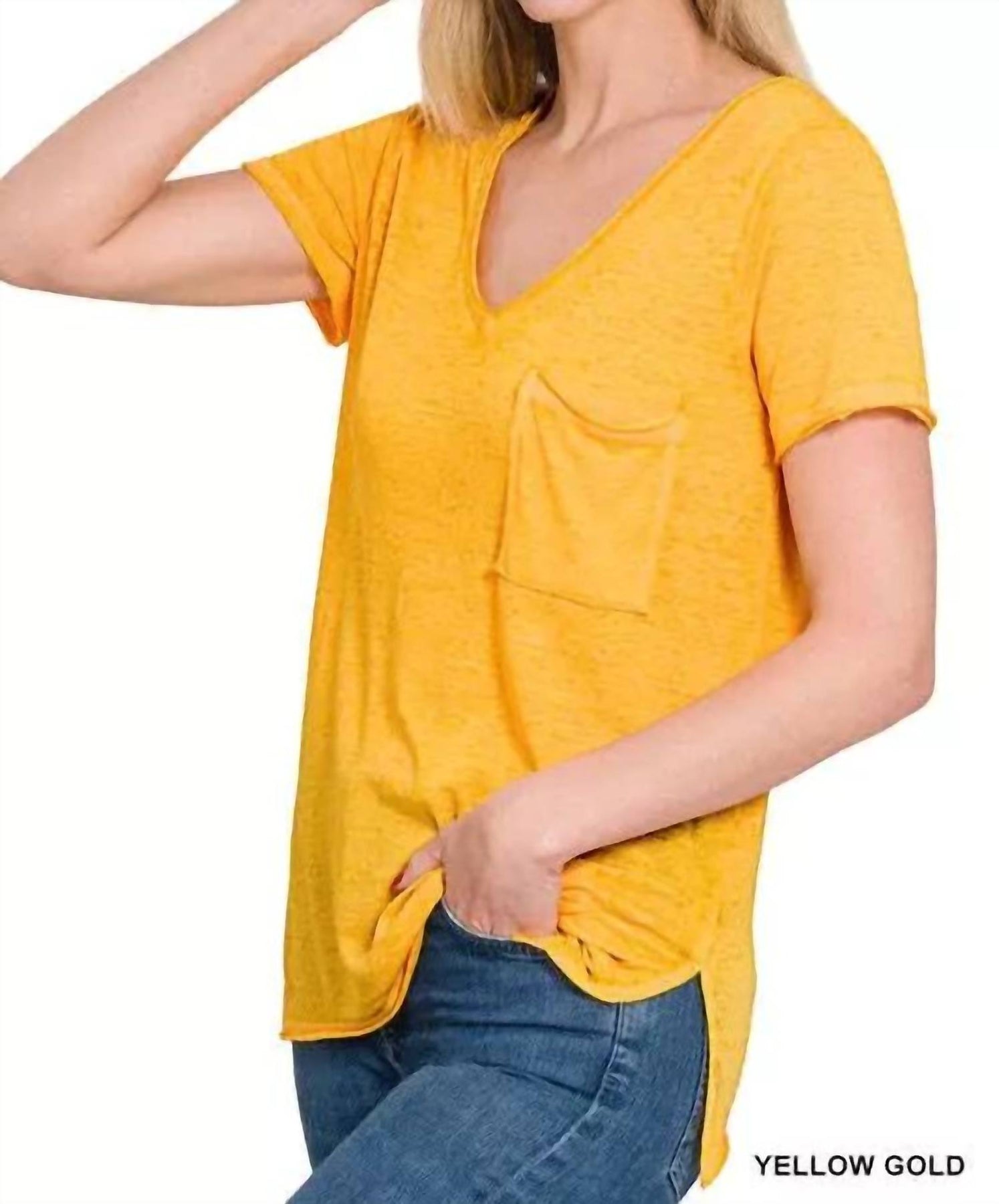 Melange Burnout T-Shirt mit V-Ausschnitt in Gelbgold