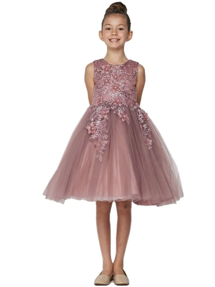 Mädchen Mauve 3D mit Blumenmuster Applikationen Weiche Tüll Ostern Blumenmädchen Kleid 2-12