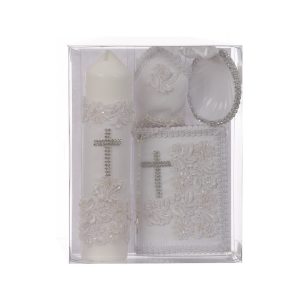 Unisex weiße Blume Applique Kreuz englische Version Taufe Kerze Set