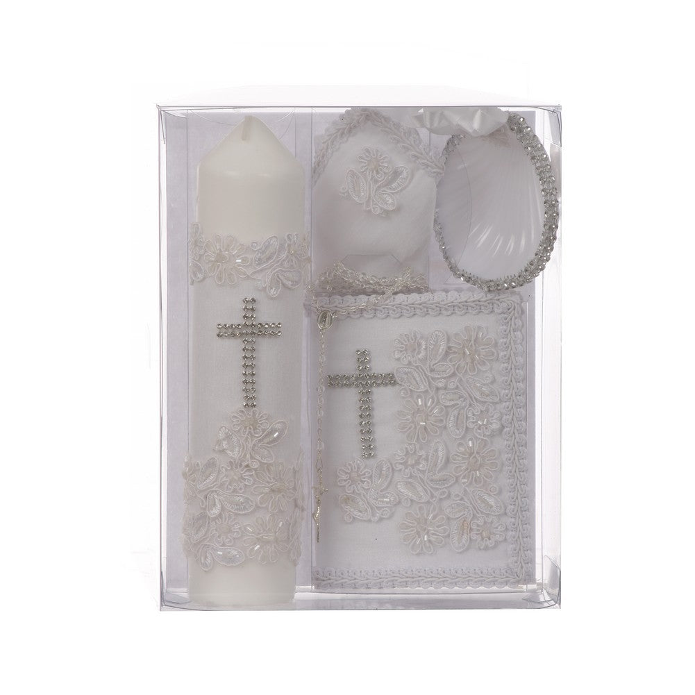 Unisex weiße Blume Applique Kreuz englische Version Taufe Kerze Set