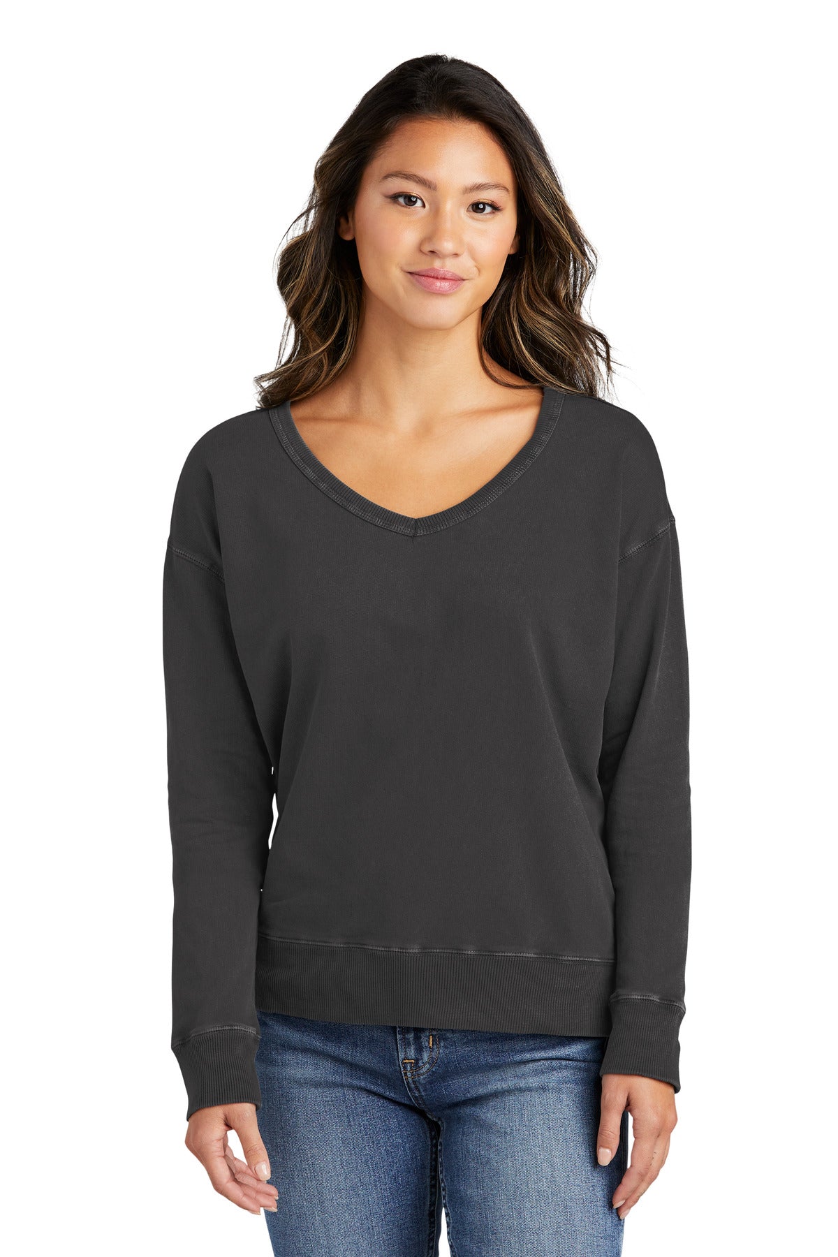 Port & Company Damen Strandwäsche Gestreiftes V-Ausschnitt Sweatshirt