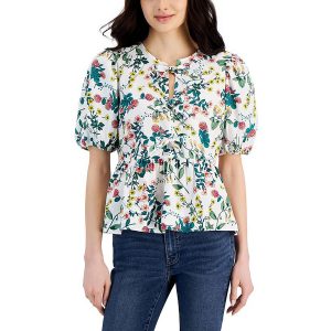 Krawatte Hals Puff Ärmel Peplum Top