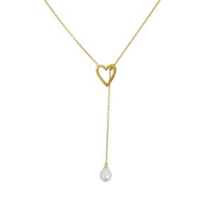 Tarnfest 14k Gold überzogen Herz und Süßwasserperlen Lariat Slide Thru Halskette