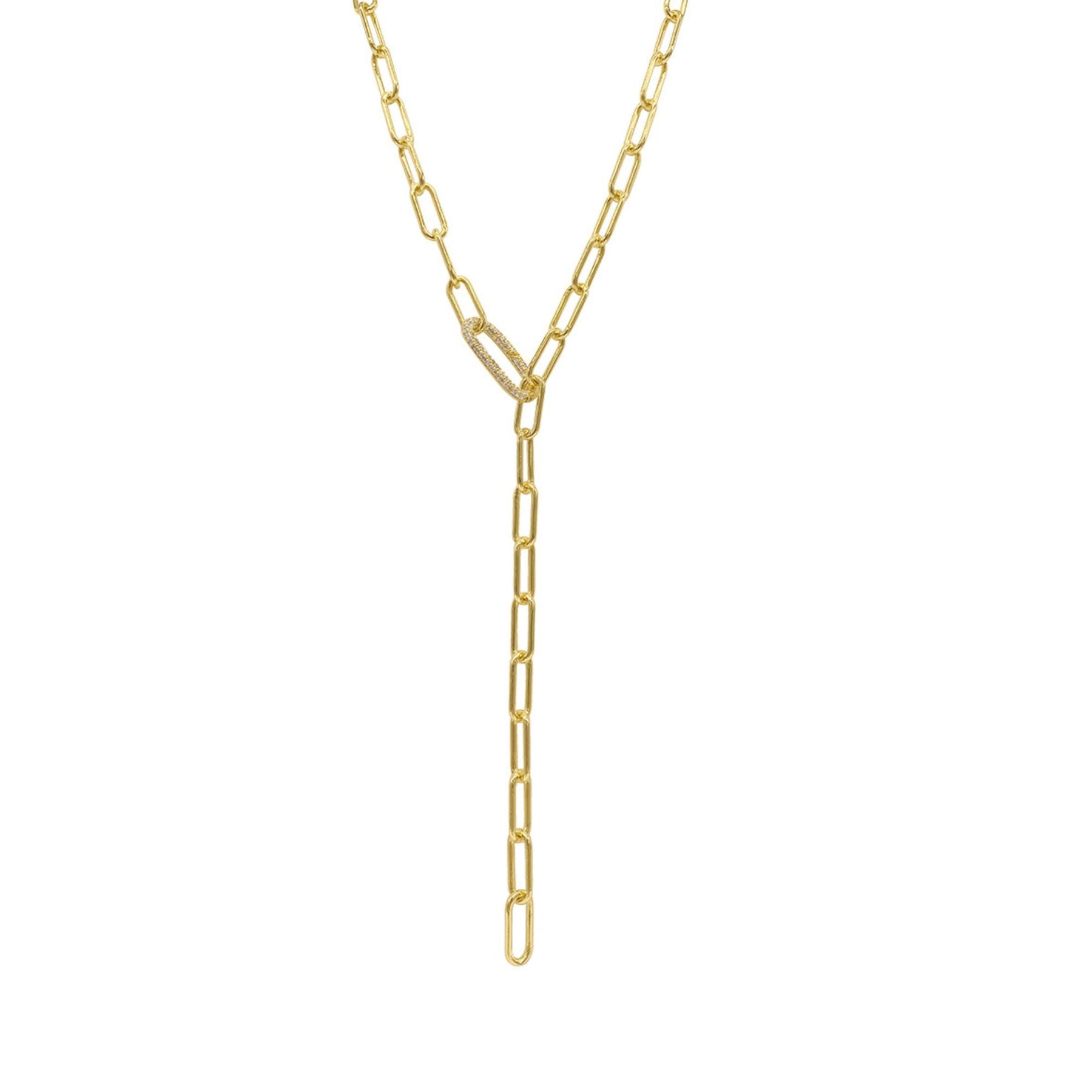 14k Gold überzogene Papier Clip Kette Lariat Halskette mit Kristall verstellbare Schloss