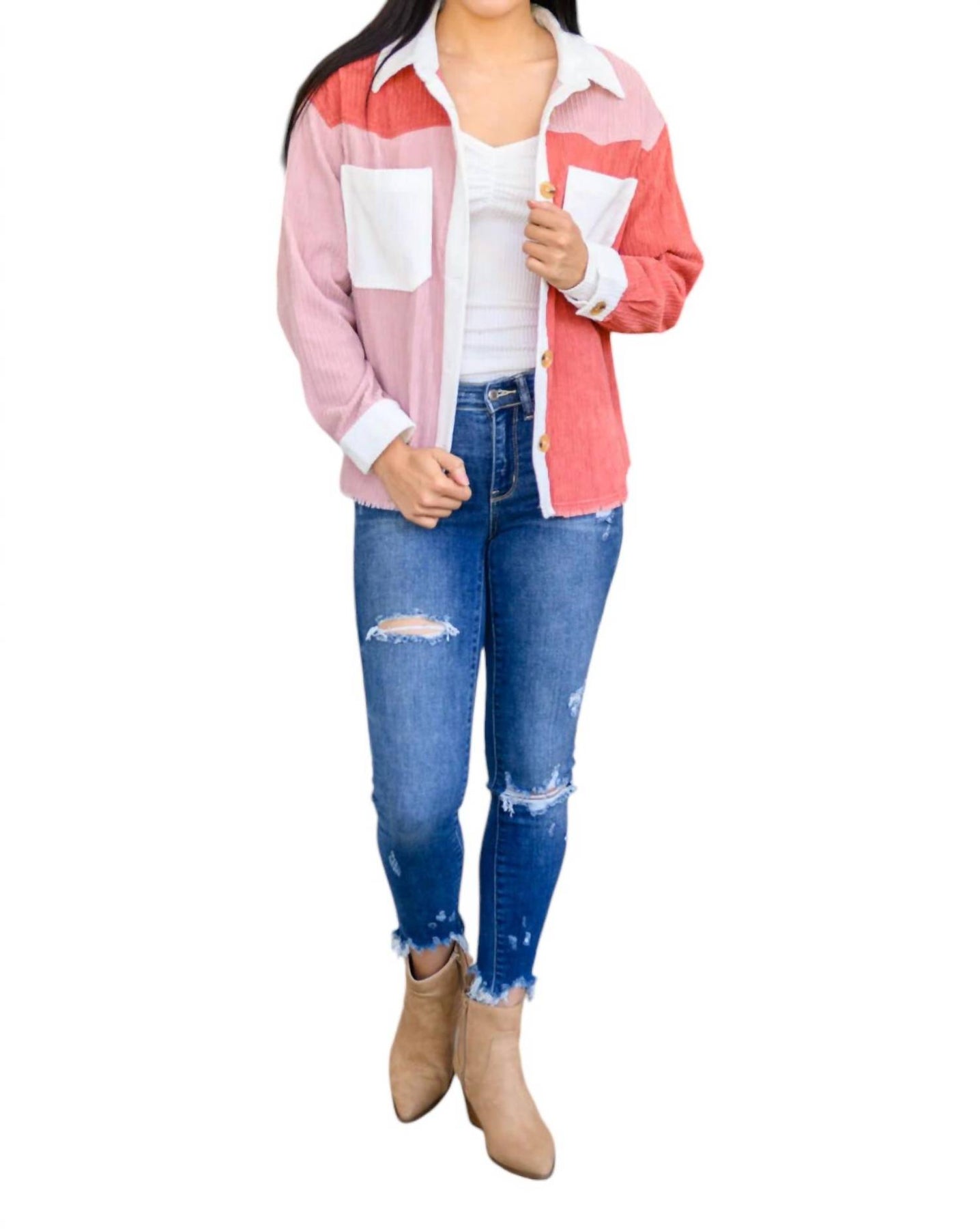 Zeichnen Sie Farbe Blocked Shacket in Mauve