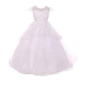Kommunionkleid für Mädchen, weiß, Blumenmuster, Spitze, Schößchen, Tüll, 12