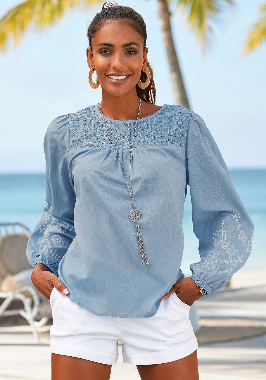 LASCANA Damen mit Blumenmuster bestickte Ärmel Bluse