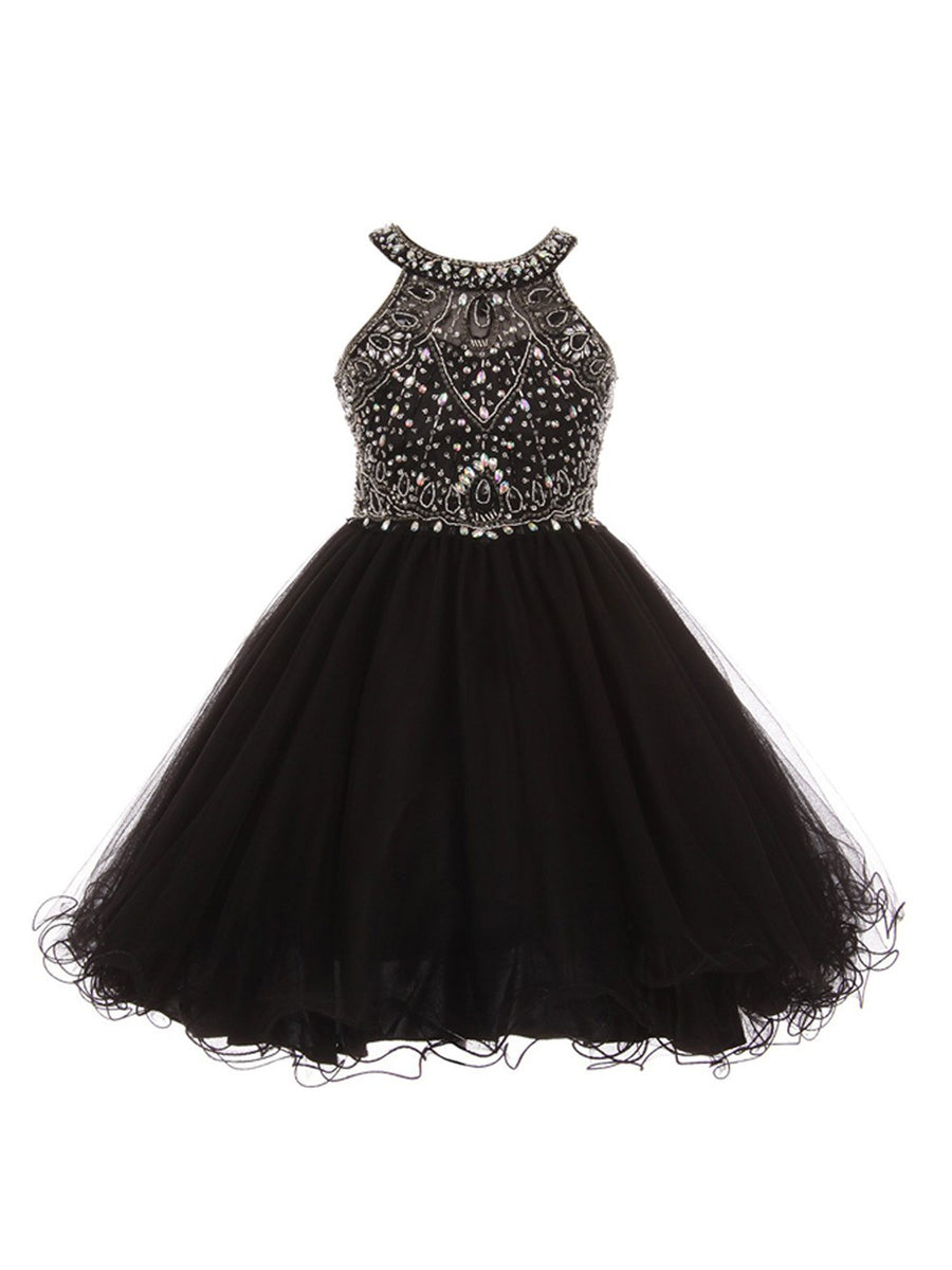 Mädchen Strass Halter Hals Tüll Blumenmädchen Junior Brautjungfer Kleid 6-16