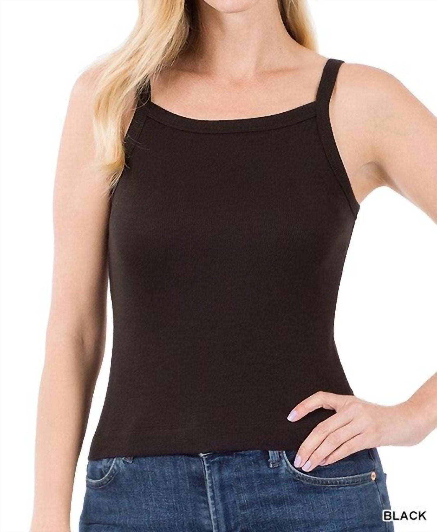 Rippen Spaghetti Strap Viskose Trägertop in schwarz