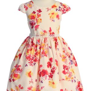 Mädchenkleid mit Spitzenbesatz und Blumenmuster und Flügelärmeln, Größe 2–14