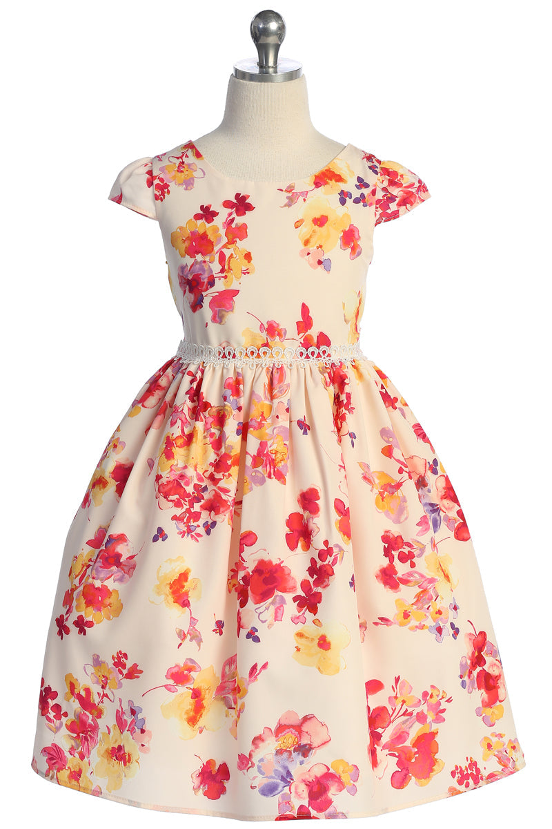 Mädchen Spitze Besatz mit Blumenmuster Kappe Ärmel Kleid 2-14