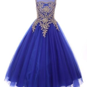Goldfarbenes Strass-Kordel-Illusion-Blumenmädchenkleid für Mädchen, Größe 14
