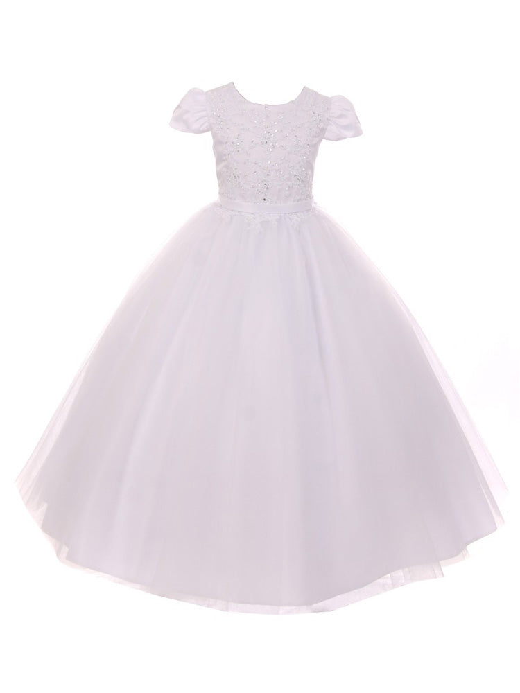 Mädchen Weiß Perle Pailletten Akzent Satin Tüll Kommunion Kleid Größe 7