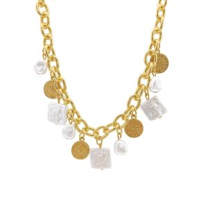 14k Gold überzogen oval Link Kette mit gehämmerten Münze und Multishape Perle Charms Halskette