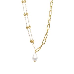 14k Gold überzogene gemischte Rosenkranz und Papier Clip Kette Halskette mit Süßwasserperlen Tropfen
