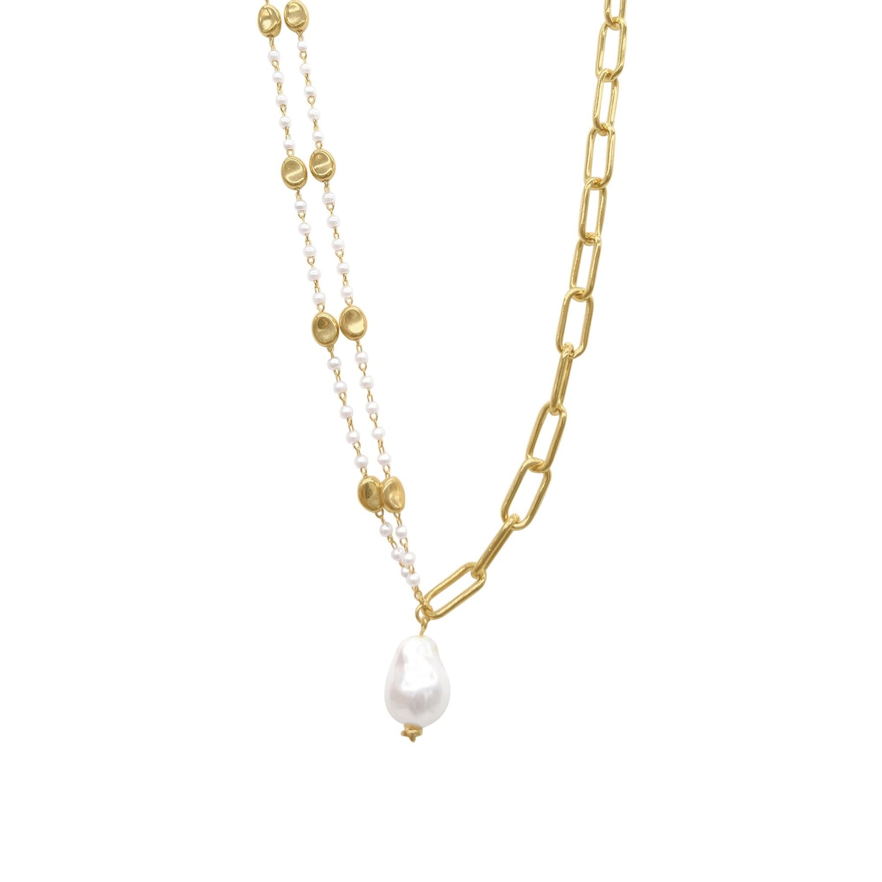 14k Gold überzogene gemischte Rosenkranz und Papier Clip Kette Halskette mit Süßwasserperlen Tropfen