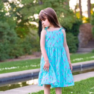 Blaugrünes Baumwollkleid mit Flamingo-Print und Schulterbindung für Mädchen, Größen 2–14
