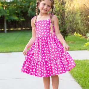 Rosafarbenes Baumwollkleid mit Kitty-Cat-Print und Schulterbindung für Mädchen, Größen 2–14