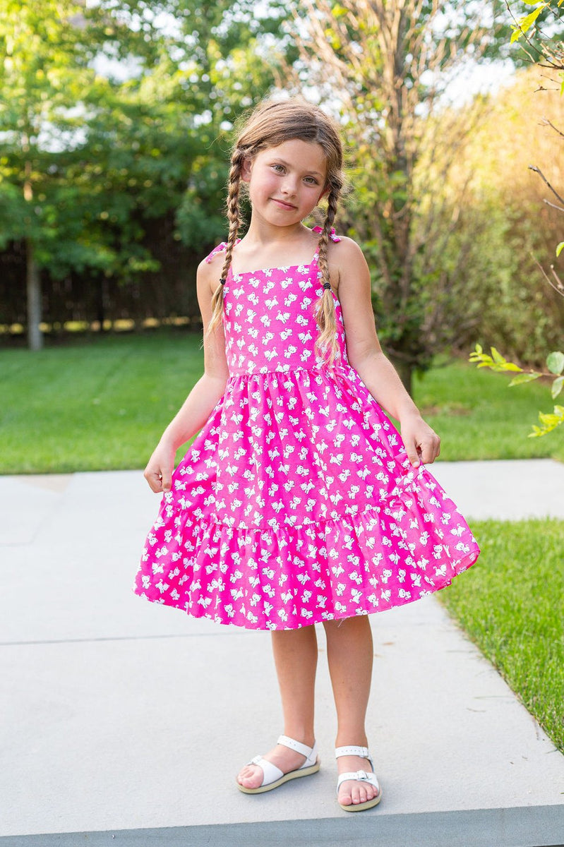 Mädchen Rosa Kitty Katze Muster Schulter Krawatte Baumwollkleid, Größen 2-14