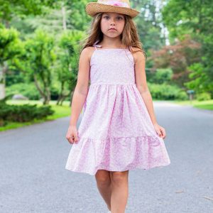 Rosa Kleid mit Gänseblümchenmuster für Mädchen aus Baumwolle mit Schulterbindung, Größen 2–14