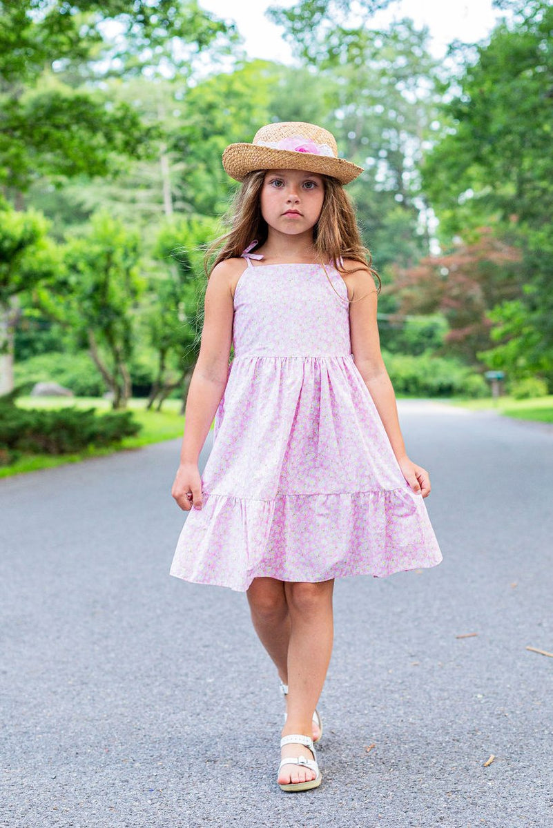 Mädchen Rosa Gänseblümchen Baumwolldruck Schulter Krawatte Kleid, Größen 2-14