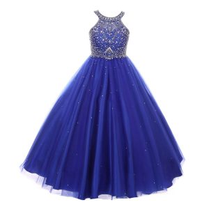Schillerndes Neckholder-Kleid aus Tüll mit Perlen für besondere Anlässe für Mädchen, Größe 6