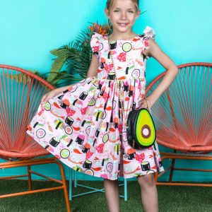 Rosafarbenes Baumwollkleid mit Sushi-Katzen-Print und Schmetterlingsärmeln für Mädchen, Größen 2–14