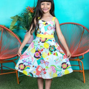 Mädchen-Baumwollkleid im Pin-up-Stil mit Summer Breeze-Print und Taschen, Größen 2–14