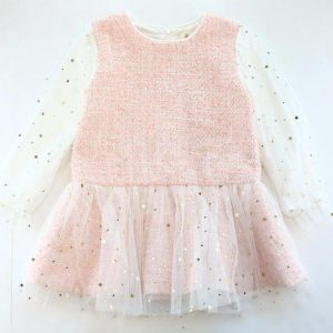 Star Mesh Langarm-Tweed-Kleid in Rosa