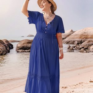 Plus Größe Spitze Detail Tie Neck Kurzarm Maxi Kleid