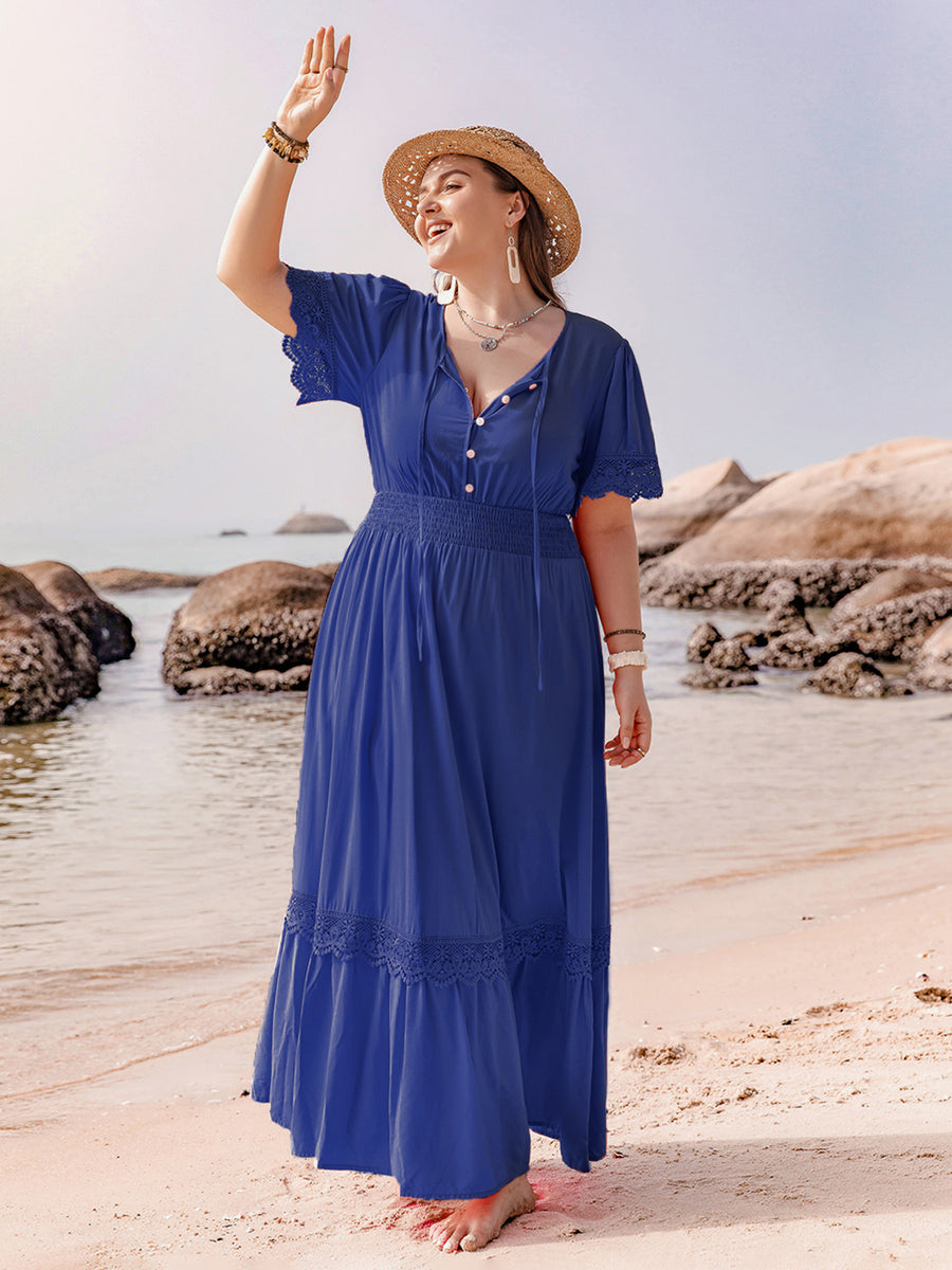 Plus Größe Spitze Detail Tie Neck Kurzarm Maxi Kleid