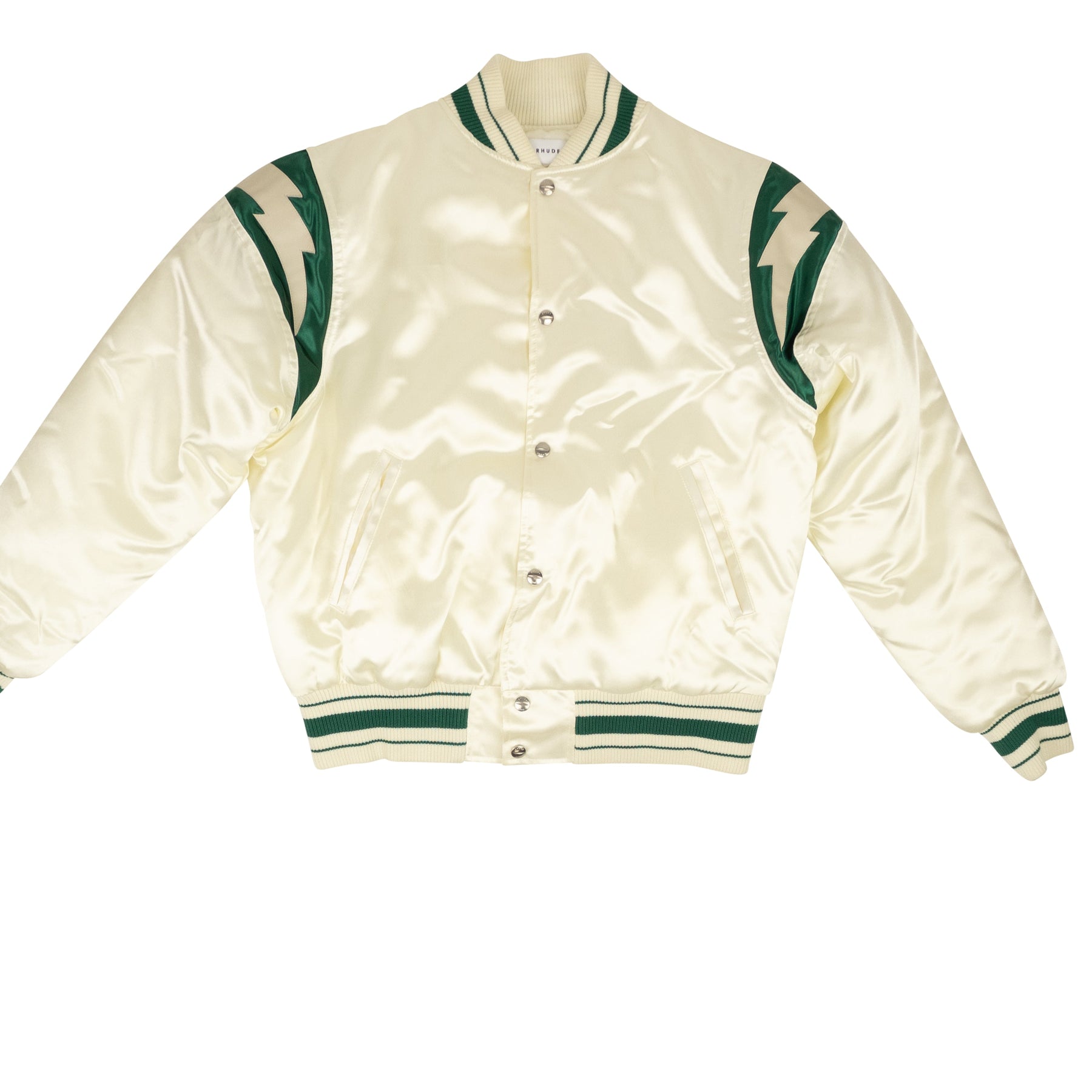 Creme und Wald grüne Nylon Puffer Jacke