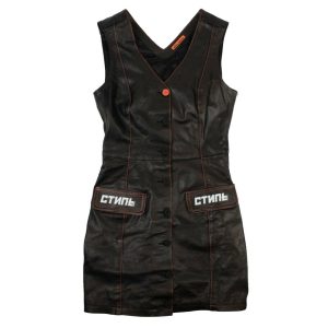 Damenkleid aus schwarzem Leder mit V-Ausschnitt, Größe