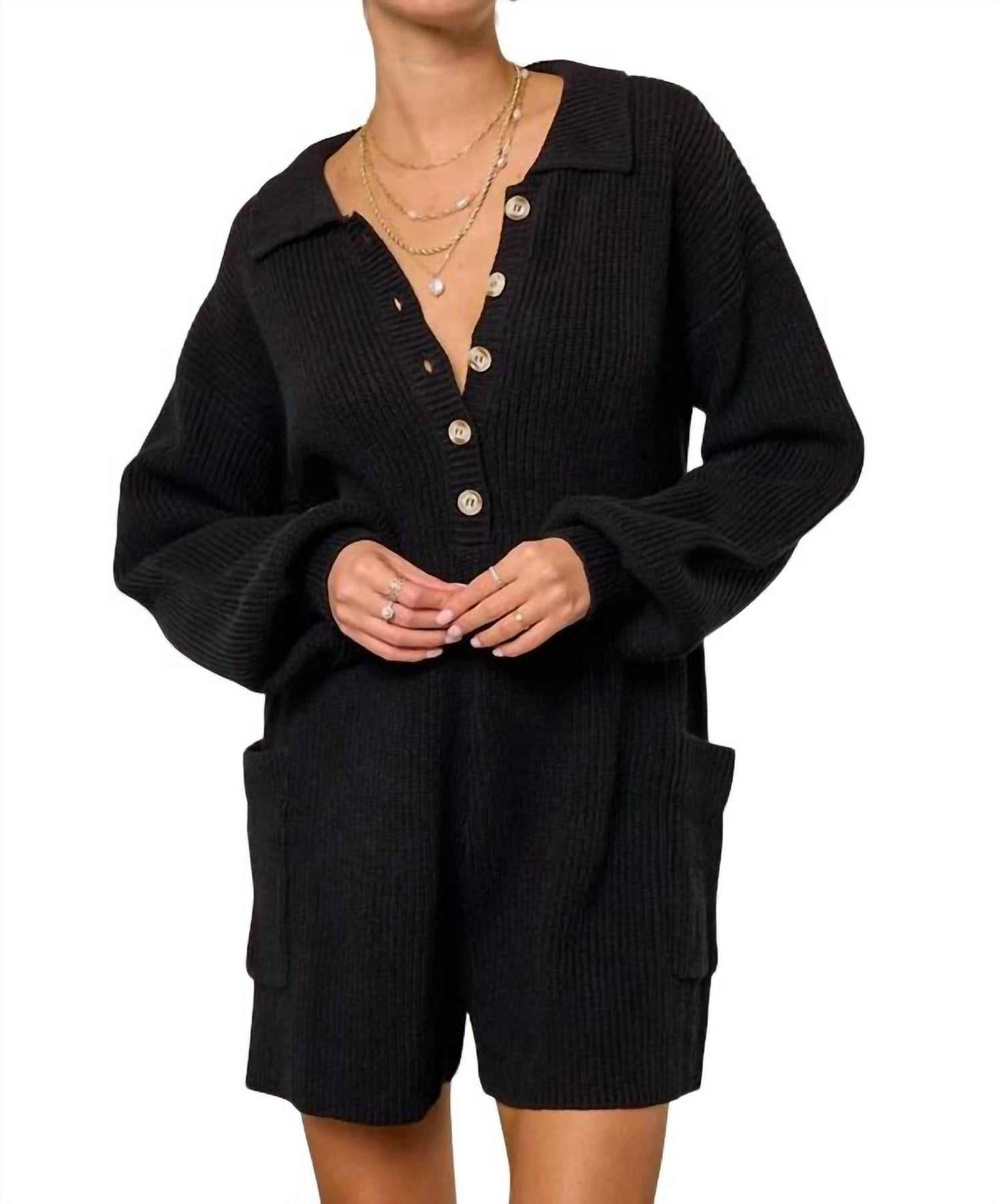 Geknöpfter Pullover Strick Strampler in Schwarz