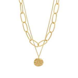 14k Gold überzogen oval Link Kette und Münze Anhänger geschichtete Halskette