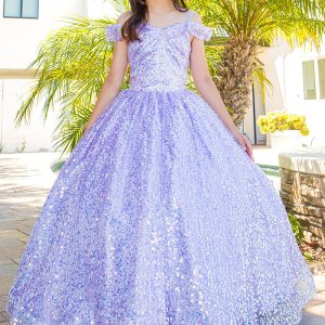 Ballkleid für Mädchen mit Regenbogen-Pailletten und glitzerndem Tüll, schulterfrei, mit Schleppe, Größe 8