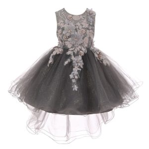 Mädchen-Blumenmädchenkleid mit 3D-Blumenapplikationen, High-Low-Tüll, Größe 4–10