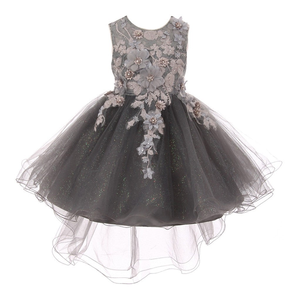 Mädchen 3D mit Blumenmuster Applikationen Hi-Low Tüll Blumenmädchen Kleid Größe 4-10