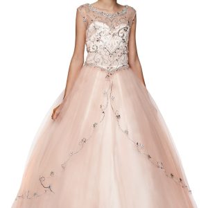 Mädchen-Festzugkleid mit handbesetzten Strasssteinen und Bateau-Ausschnitt, Größe 2–20